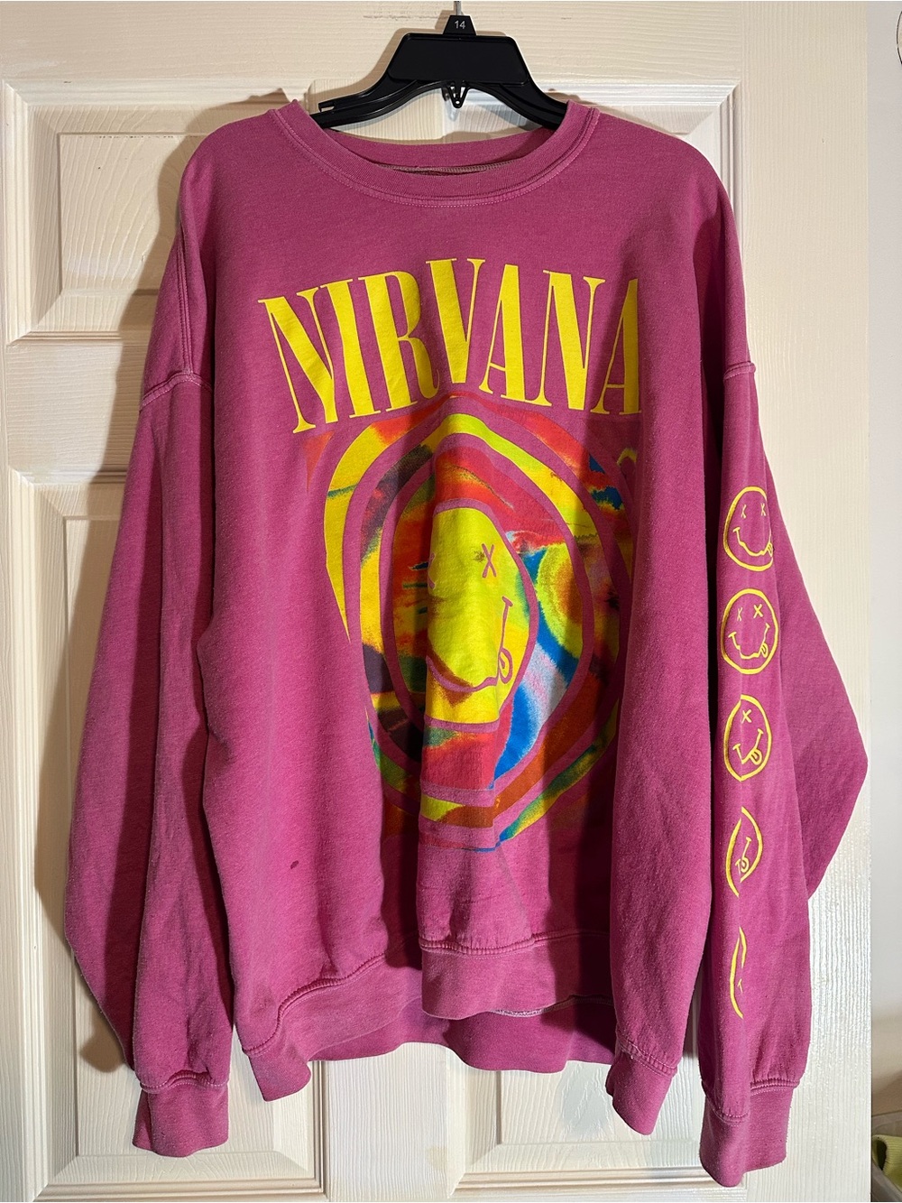 NIRVANA Magenta Crewneck with Yellow Logo & Multicolor Smiley
